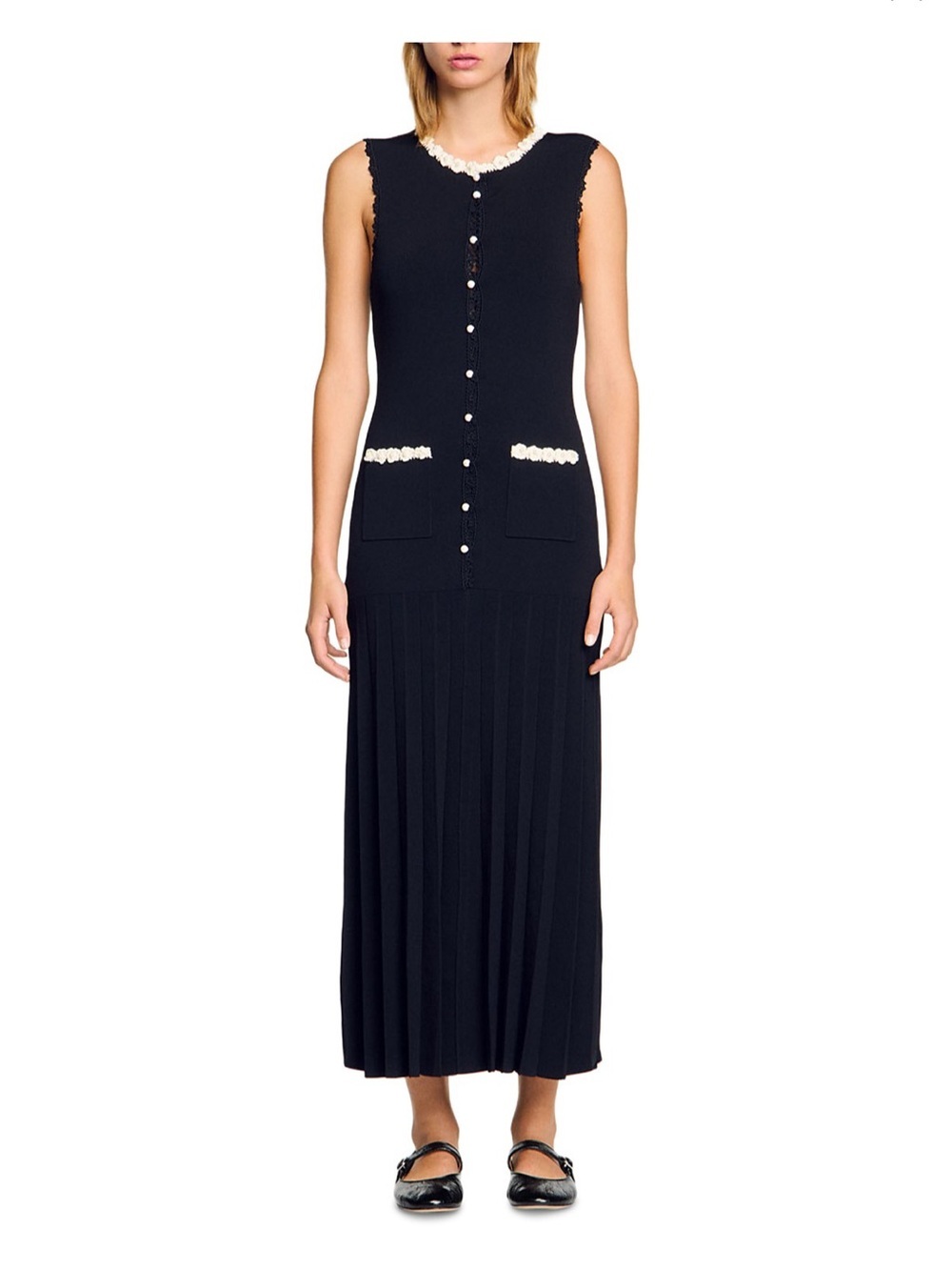 SANDRO Scalloped-Trim Knitted Black & White Floral Detail Maxi Dress Size 34 - Picture 2 of 13